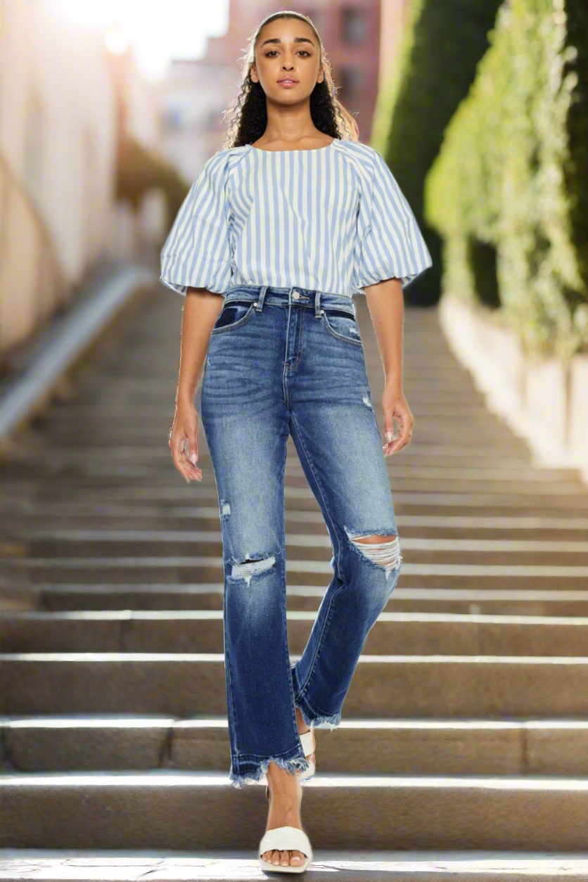 KanCan High-Rise Waist Slim Jeans Torn Distressed Torn Straight Leg Denim Pants