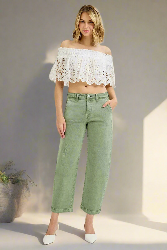 RISEN Barrel Jeans High-rise Tummy Control Tapered Cropped Hem Denim Pants Plus Size Available