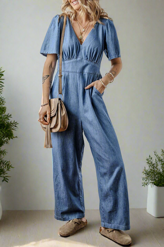 Retro Denim Wide Leg Short Sleeve Blue Jean V-neck Pant Jumpsuit Smocked Back