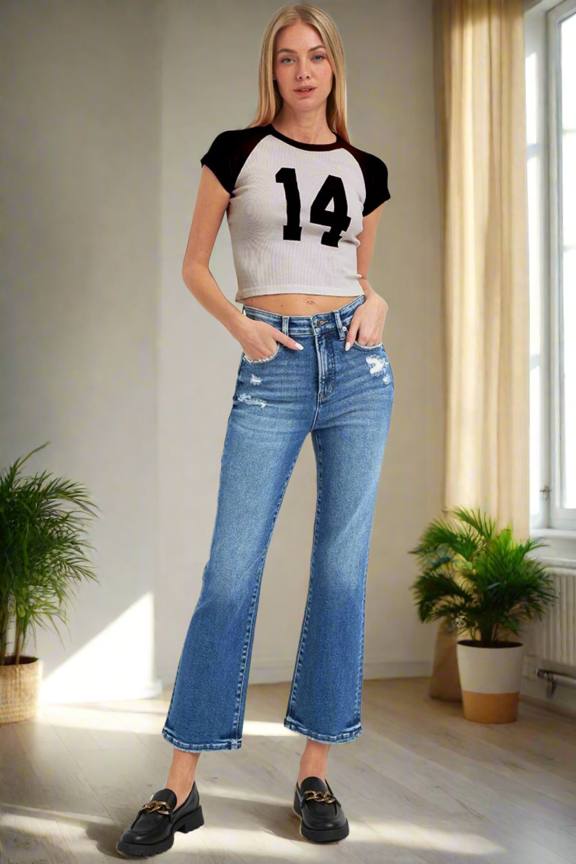 RISEN High-Rise Tummy Control Retro Jeans Distressed Bootcut Ankle Denim Pants