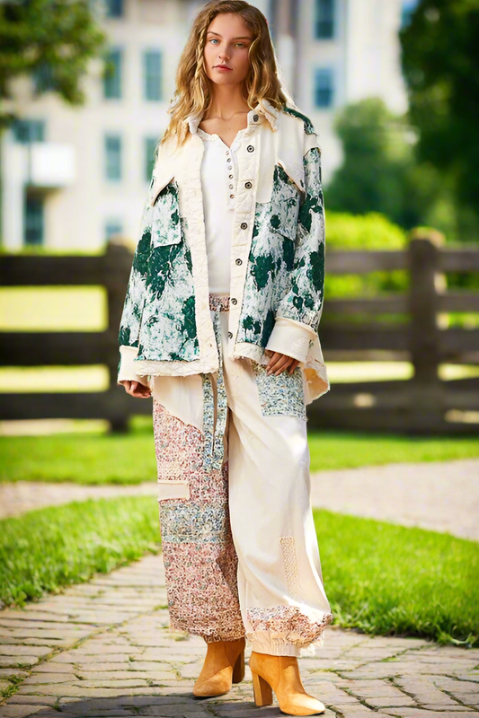 POL Quilted Patchwork Abstract Waffle Knit Exposed Raw Seam Oversized Jacket