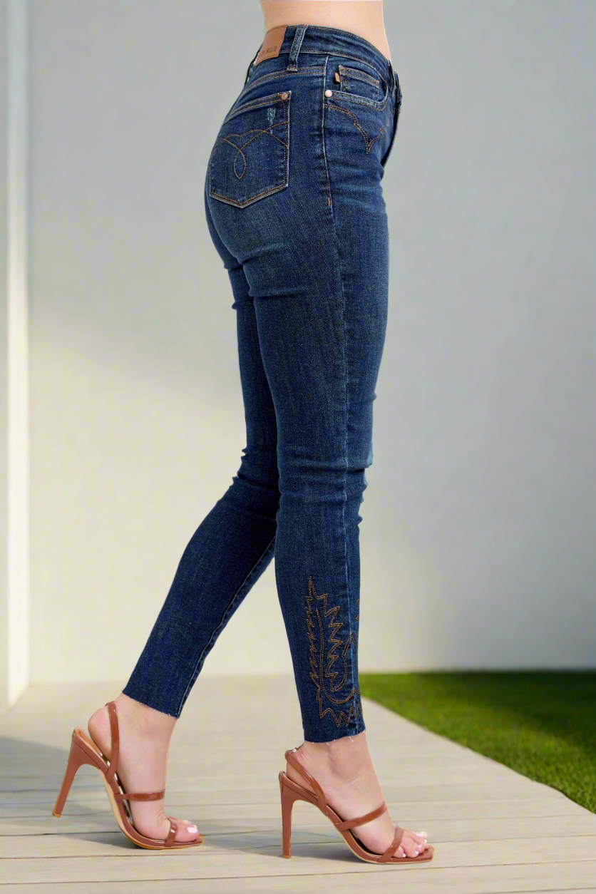 Judy Blue Embroidered Skinny High-Rise Stretch Denim Jeans Slim Ankle Pants