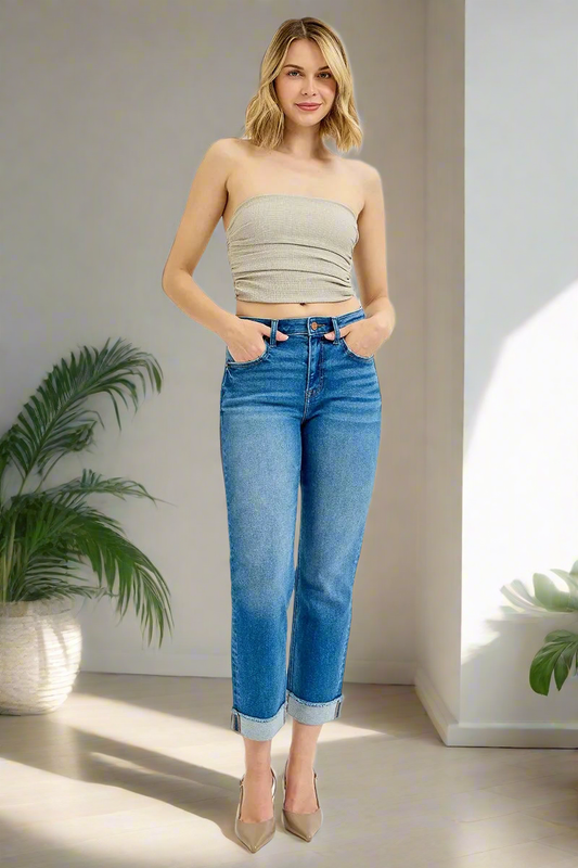 RISEN High-Rise Boyfriend Fit Jeans Cuffed Straight Leg Ankle Denim Pants Plus Size Available