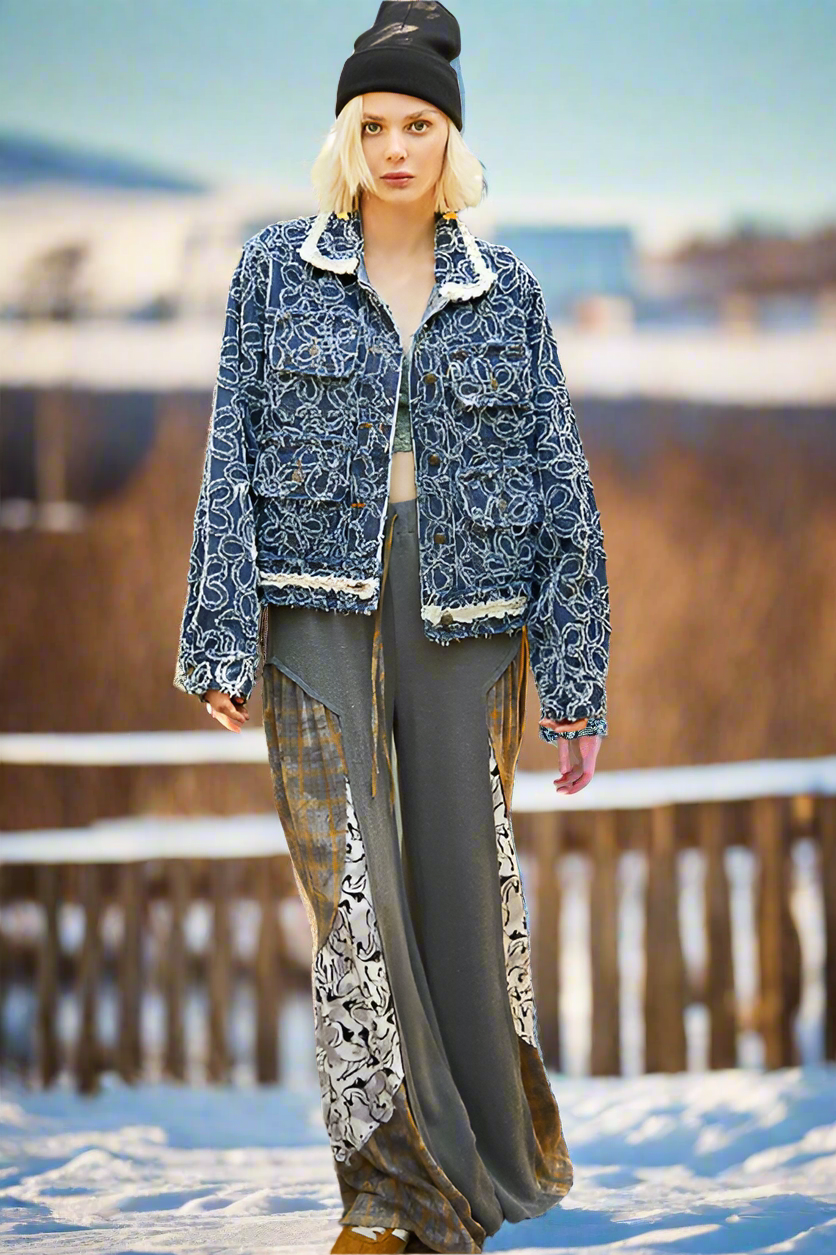 POL Flower Distressed Denim Lace Collar Frayed Large Pocket Button Cotton Jacket