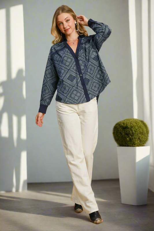 Umgee Denim Shacket Raw Seam Retro Patchwork Paisley Boho Jean Button Dress Shirt Jacket