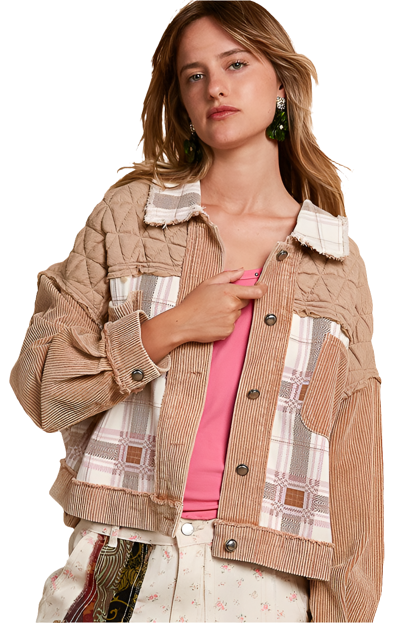 POL Corduroy Plaid Quilted Patchwork Retro Boho Raw Seam Button-Up Jacket