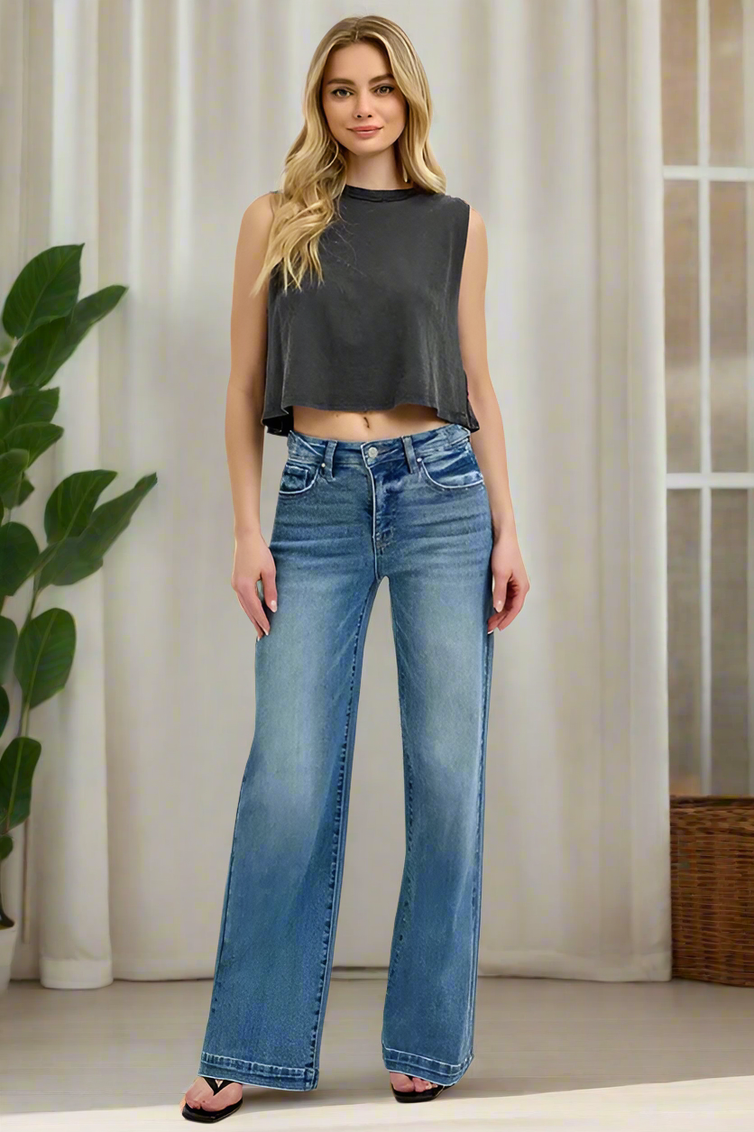 RISEN Tummy Control High-Rise Denim Adjustable Waist Pants Wide Leg Jeans Plus Size Available