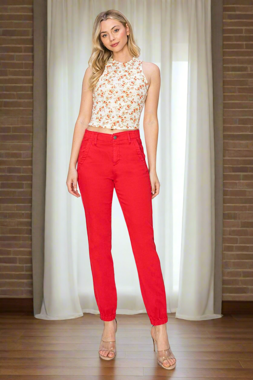 RISEN High-Rise Waist Jogger Pants Ankle Relaxed Straight Leg Red Denim Jeans