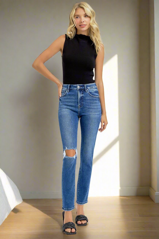 RISEN Skinny High-Rise Waist Distressed Torn Slim Jeans Ankle Hem Denim Pants