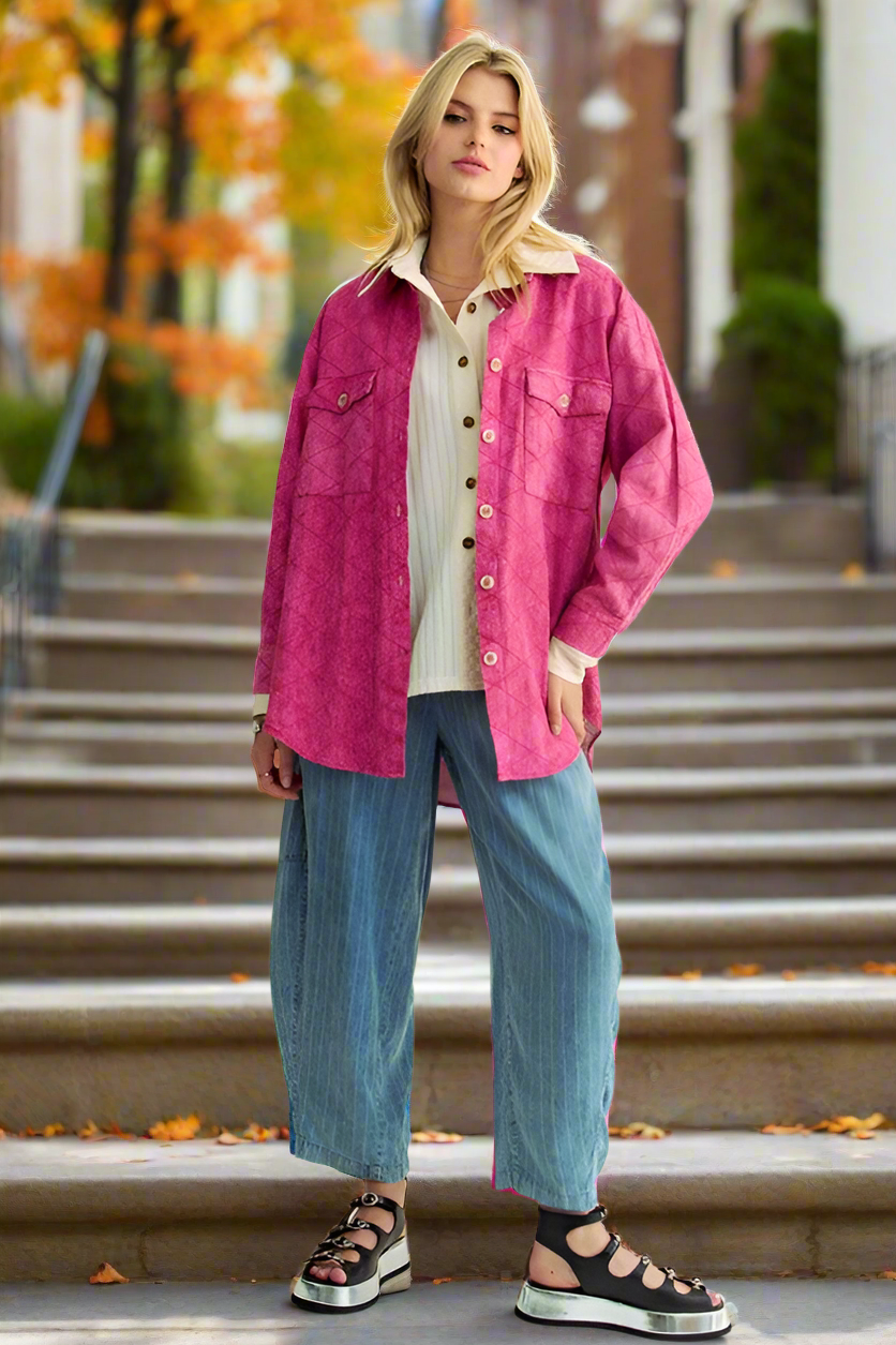 Davi & Dani Denim Shacket Diamond Quilt Stitching High Low Oversized Jean Shirt Jacket