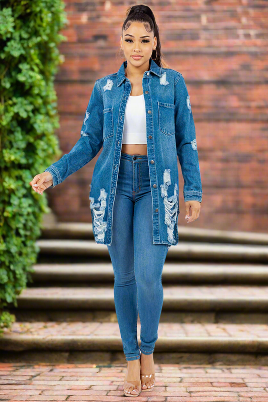 American Bazi Torn Distressed Hole Oversized Shacket Cotton Denim Jean Jacket Medium Blue