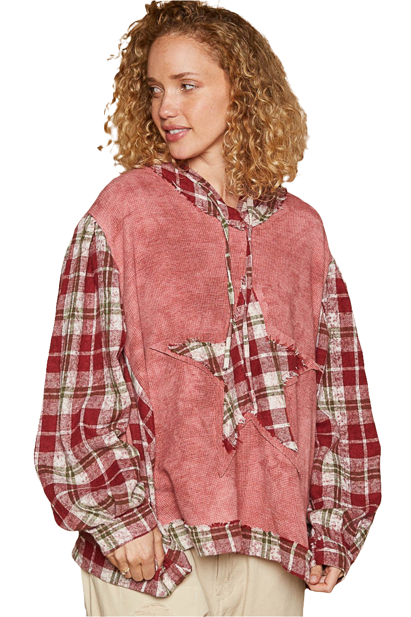 POL Hoodie Waffle Knit Star Patchwork Plaid Pullover Top Oversized Bohemian Shirt