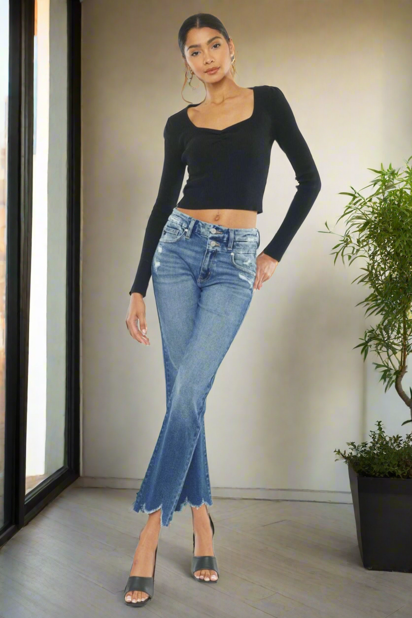 KanCan High-Rise Wide Waistband Double Button Slim Jeans Straight Leg Denim Pants