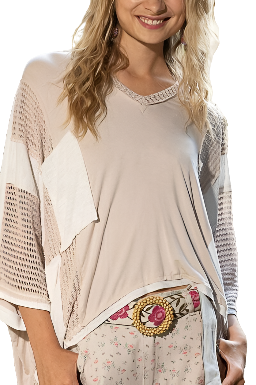 POL Lace Waffle Knit Patchwork Retro High-Low Top Oversized Boho Hippie Shirt Oatmeal Cream