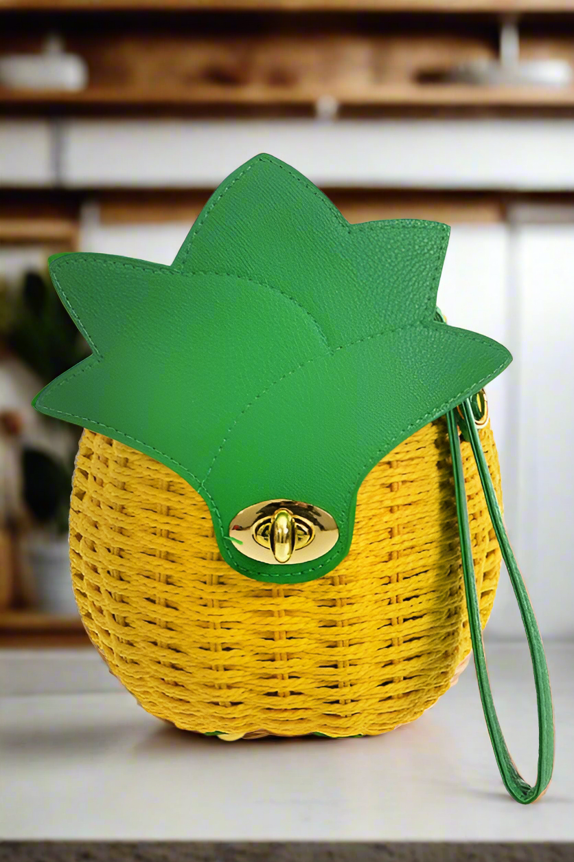 Pineapple Purse Woven Basket Convertible Clutch Crossbody Fruit Novelty Bag Vegan Fun Eclectic