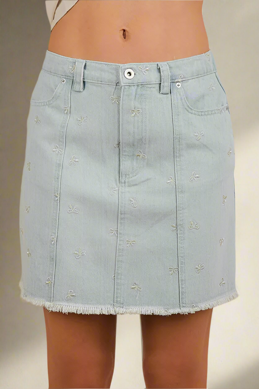 Very J Embroidered Bow Denim Elastic Waist Jean Mini Skirt Raw Cut-off Hem