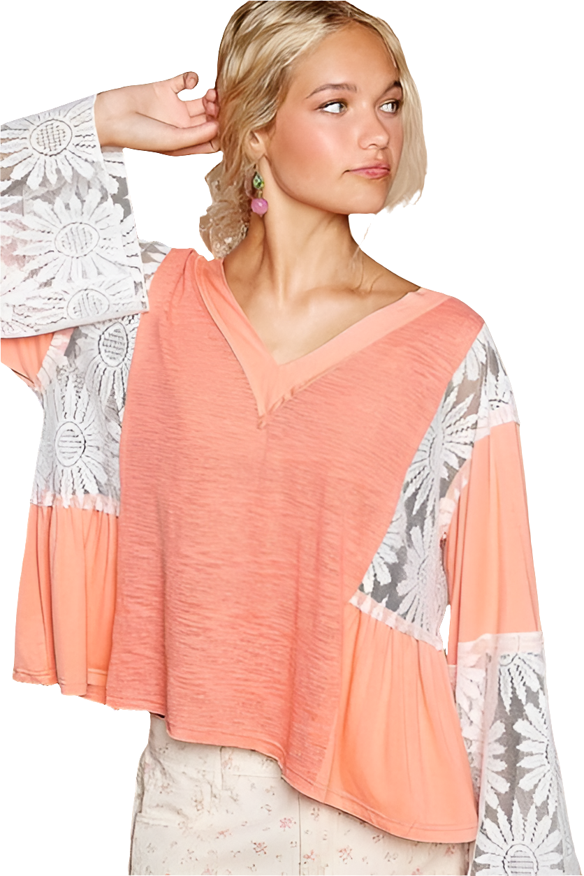 POL Floral Lace Patchwork Retro Flare Bell Sleeve Top Oversized Boho Hippy Shirt Coral