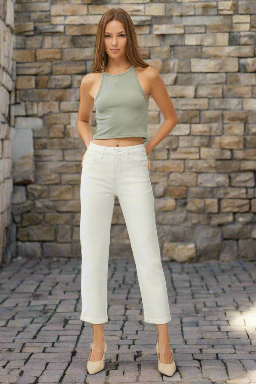 RISEN High-Rise Waist Boyfriend Jeans Straight Leg Rolled Cropped Cuffed Denim Pants