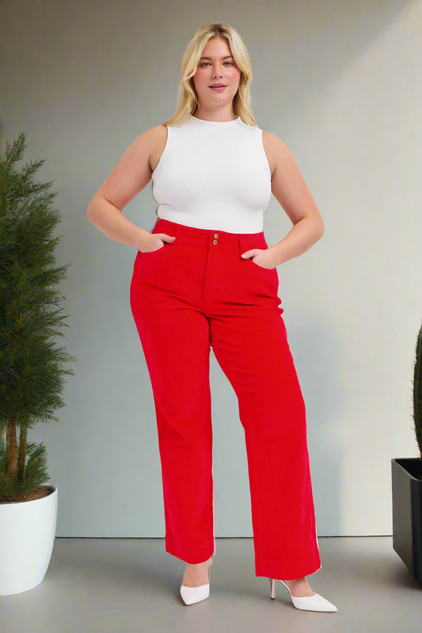 Judy Blue High-Rise Red Corduroy Double Button Pants Relaxed Boyfriend Fit Trousers Wide Leg Plus Size Only