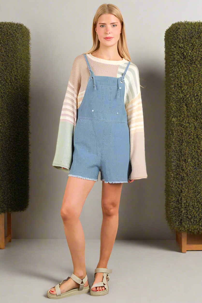 Very J Overalls One-piece Sleeveless Knot Patch Pocket Jean Shorts Denim Romper