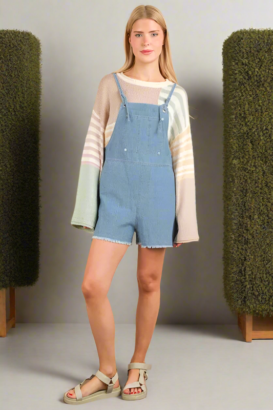 Very J Overalls One-piece Sleeveless Knot Patch Pocket Jean Shorts Denim Romper