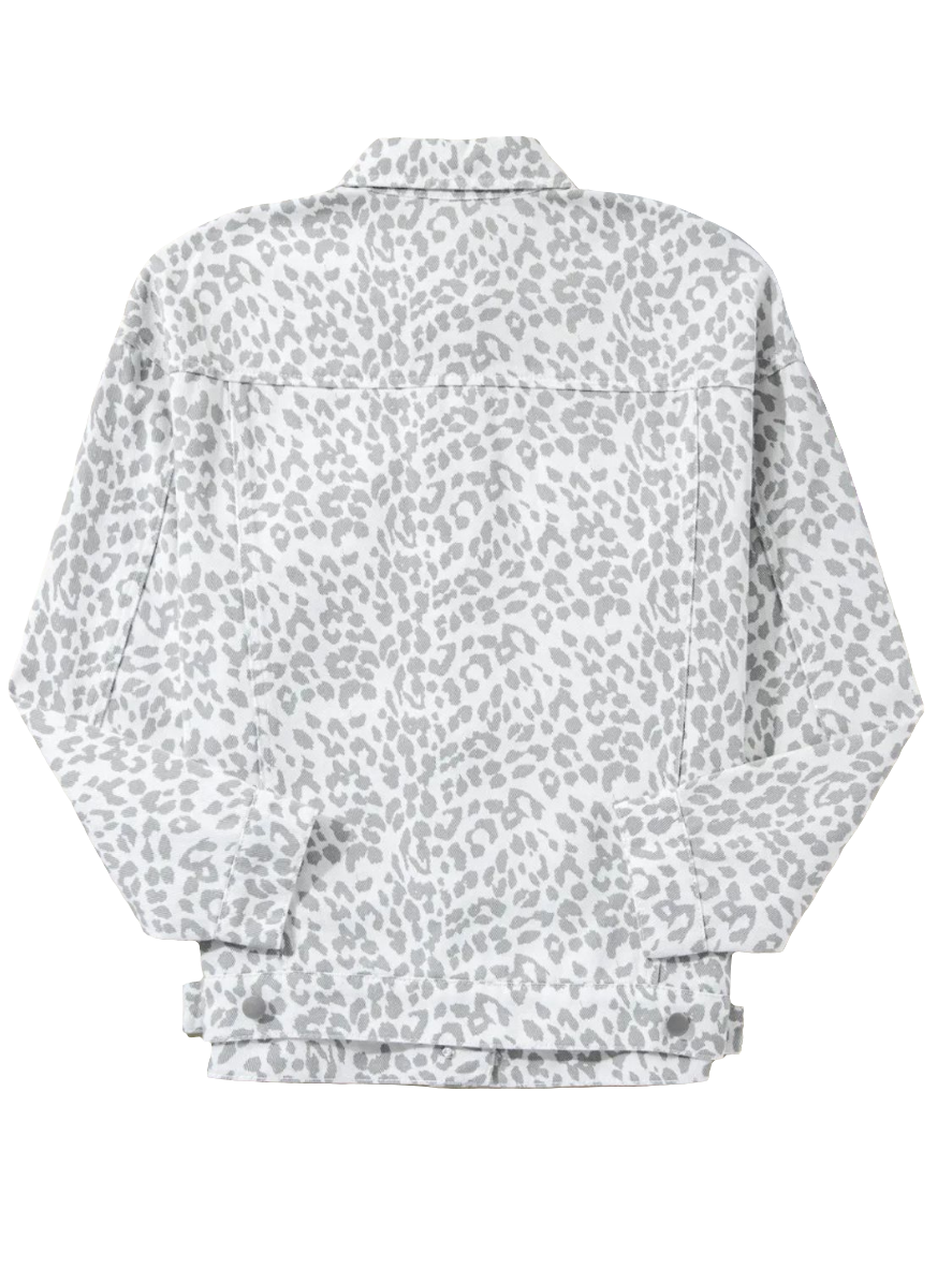 Snow Leopard Print Denim Jean Jacket Button Front Classic Collar Mobwife Animal Glam