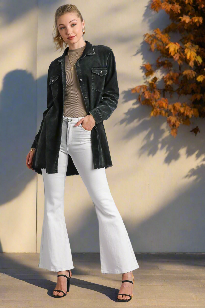 Umgee Denim Shacket Pocket Raw Hem Oversized Boyfriend Button Jean Shirt Jacket