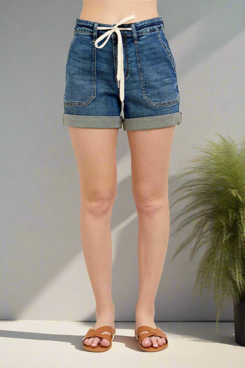 Judy Blue High-Rise Drawstring Waist Relaxed Fit Retro Denim Cuffed Jean Shorts