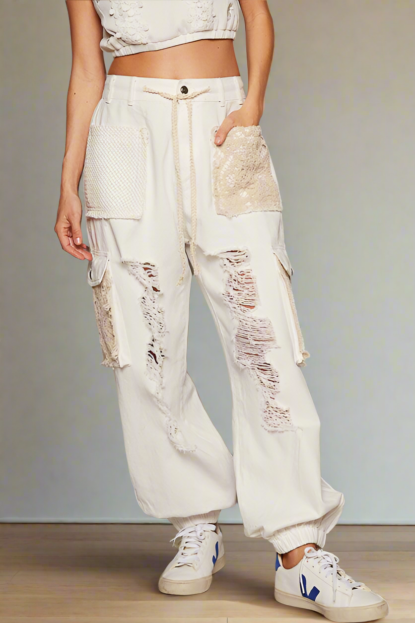 POL Lace Crochet Cargo Patchwork High-Rise Drawstring Wide Leg Ankle Jogger Pants