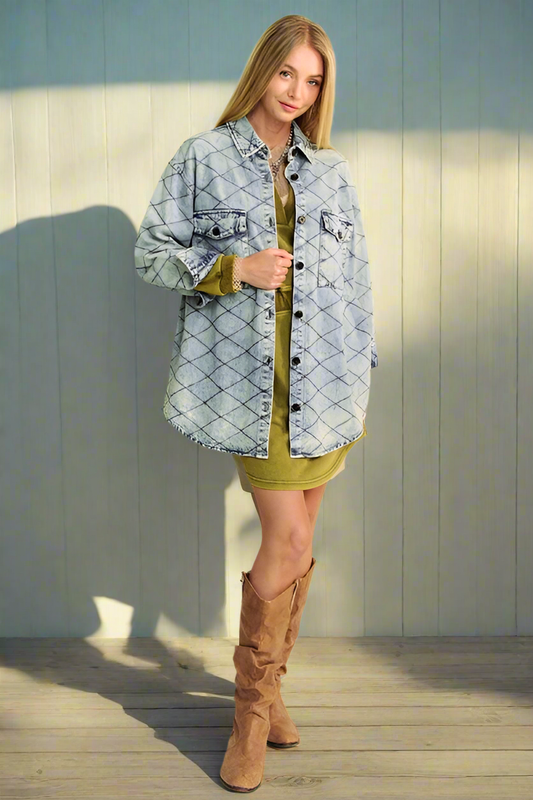 Davi & Dani Denim Shacket Diamond Quilt Stitching High Low Oversized Jean Shirt Jacket