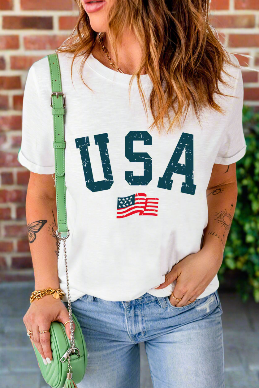 Rustic American Flag USA Graphic Shirt Americana Patriotic Short Sleeve Top
