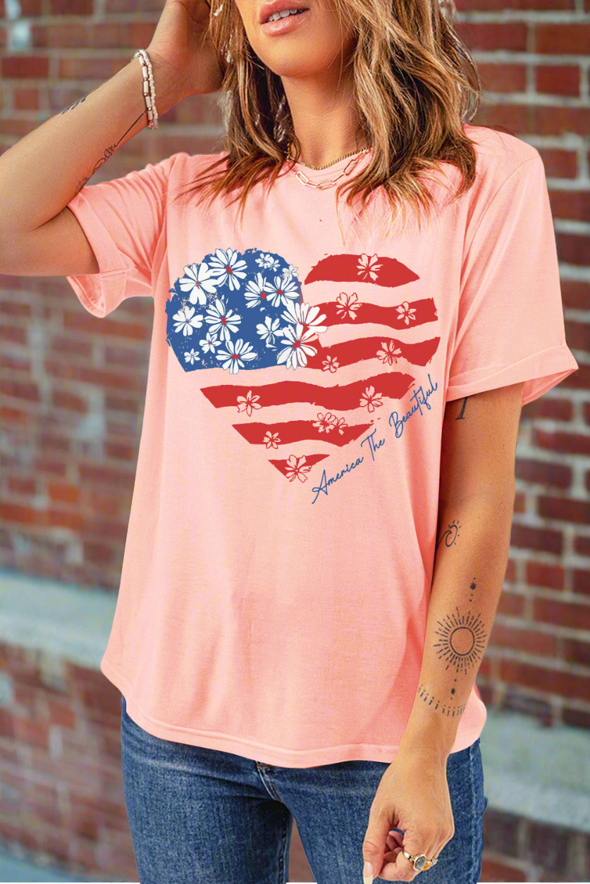 America The Beautiful American Flag Graphic Shirt Patriotic Floral Heart Top
