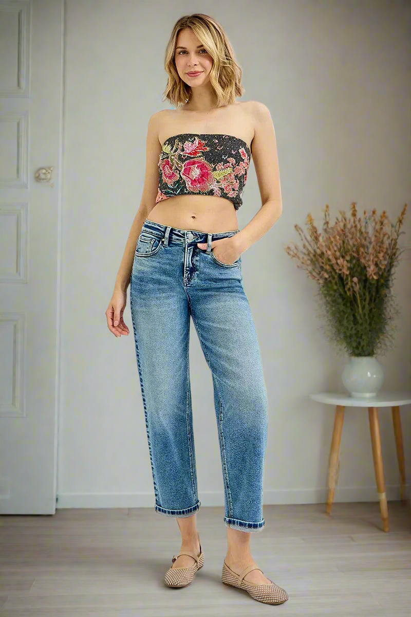 RISEN High-Rise Boyfriend Fit Jeans Ankle Cuffed Straight Leg Cropped Denim Pants Plus Size Available