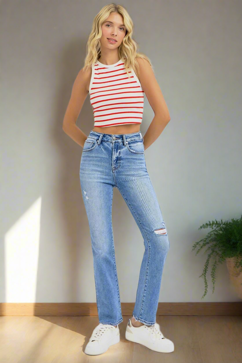 RISEN High-Rise Straight Leg Slim Fit Distressed Ankle Hem Jeans Denim Pants