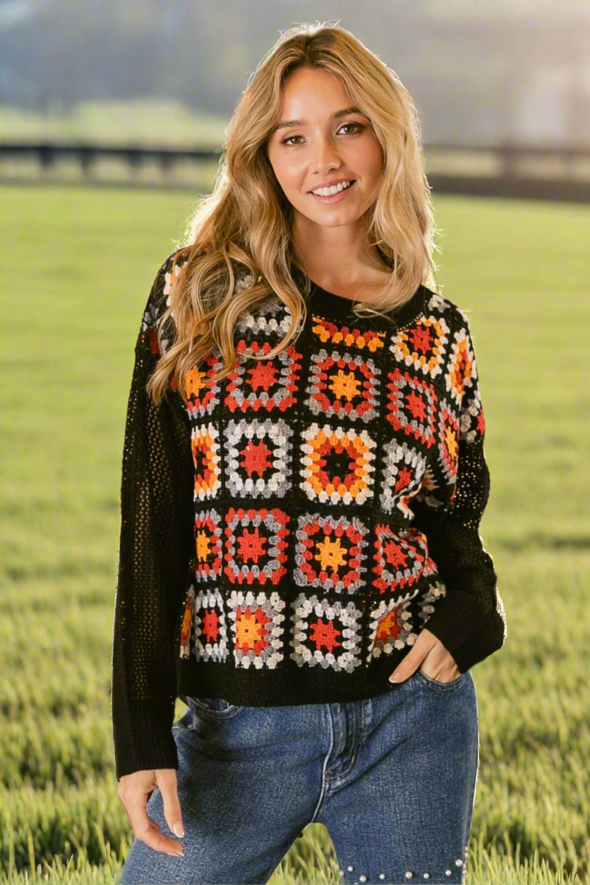 BiBi Crochet Patchwork Top Granny Square Open Knit Pullover Long Sleeve Shirt