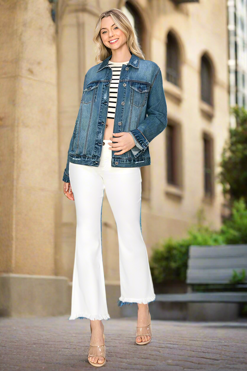 RISEN Distressed Cotton Denim Jacket Blue Jean Long Sleeve Button-up Collar Casual