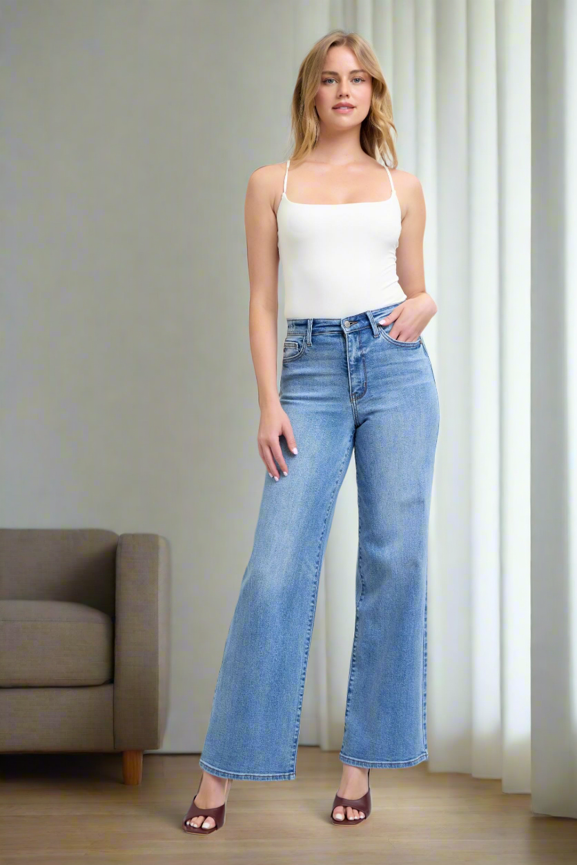 Judy Blue High-Rise Classic Wide Leg Boyfriend Jeans Slim Fit Denim Pants