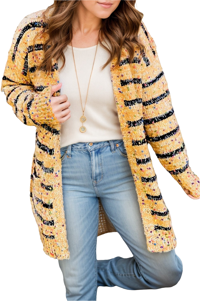 Colorful Popcorn Knit Longline Cardigan Long Sleeve Stripe Pocket Open Front Sweater