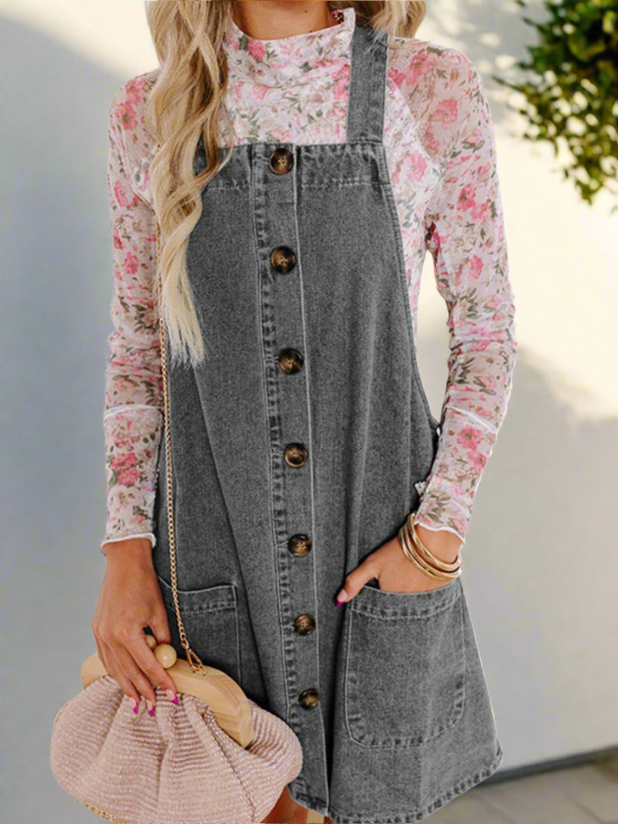 Retro Denim Overall Mini Dress Patch Pocket Sleeveless Jean Button-Up Romper