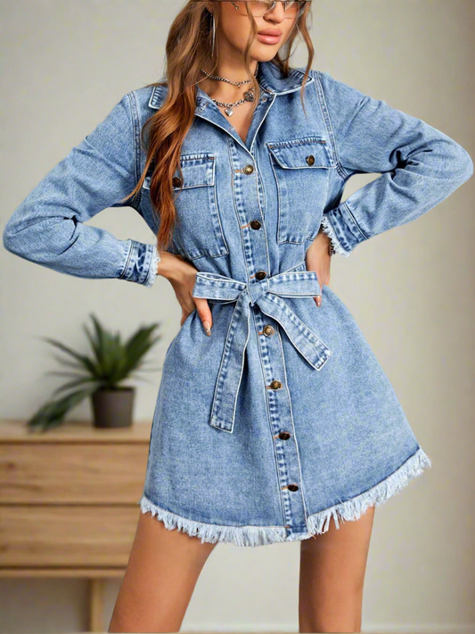 Belted Button-up Jacket Dress Denim Raw Fringe Hem Chest Pocket Jean Collar Mini
