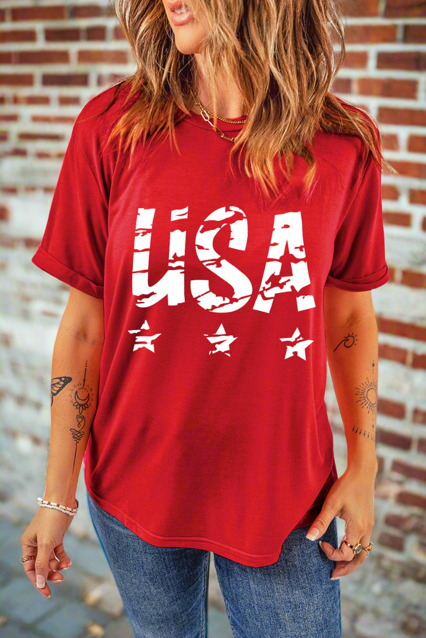 Rustic USA American Flag Graphic Shirt Americana Patriotic Short Sleeve Top