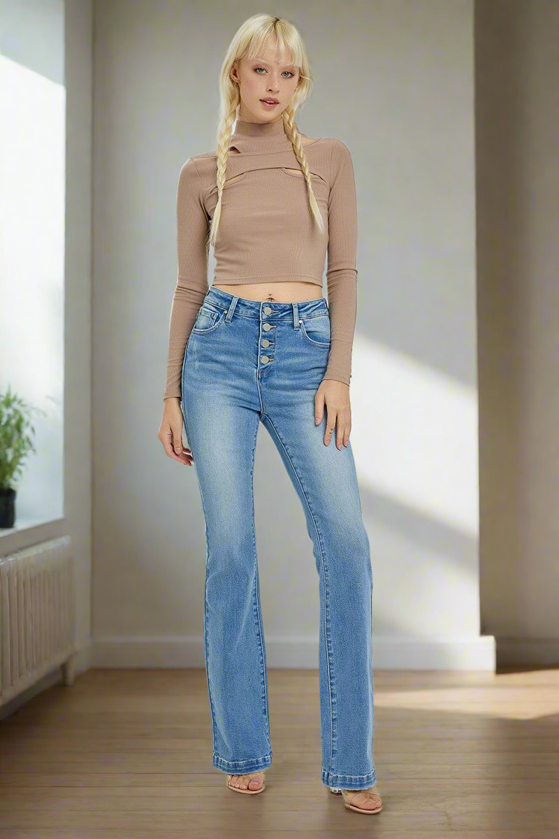 RISEN High-Rise Waist Button Fly Jeans Slim Fit Bootcut Stone Wash Denim Pants