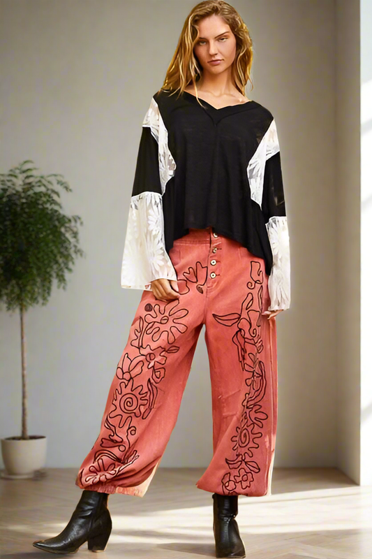 POL Floral Lace Patchwork Retro Flare Bell Sleeve Top Oversized Boho Hippie Shirt Black