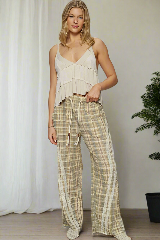 POL Lace Checker Plaid Patchwork Raw Frayed Seams Drawstring Wide Leg Pants