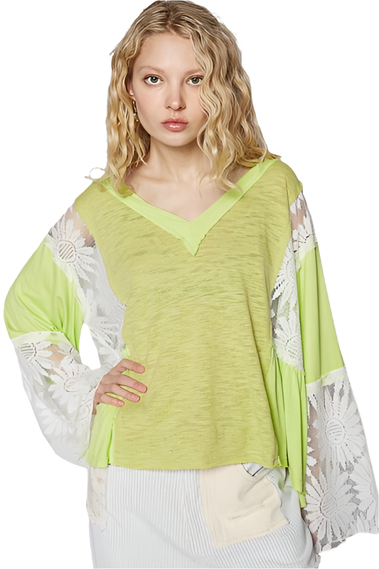 POL Floral Lace Patchwork Retro Flare Bell Sleeve Top Oversized Boho Hippy Shirt Neon Lime
