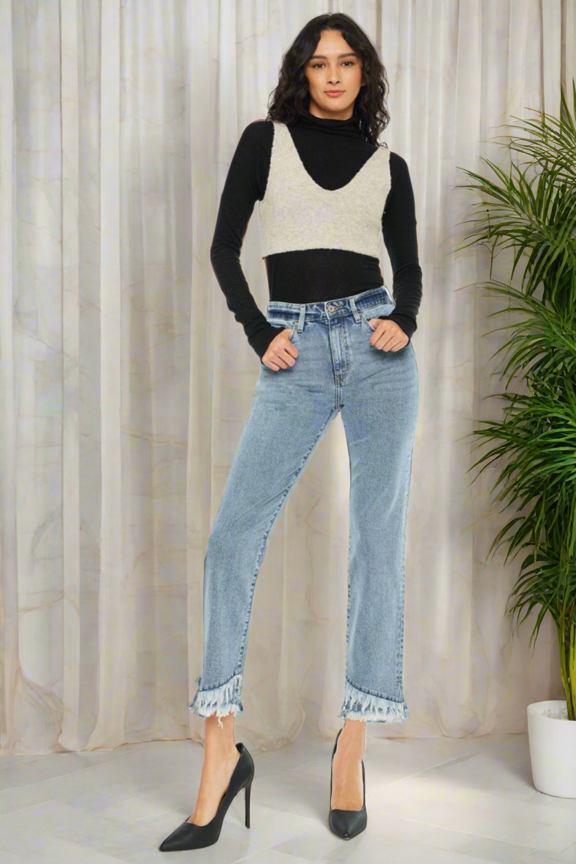 KanCan High-Rise Straight Leg Frayed Fringe Double Raw Hem Jeans Denim Pants