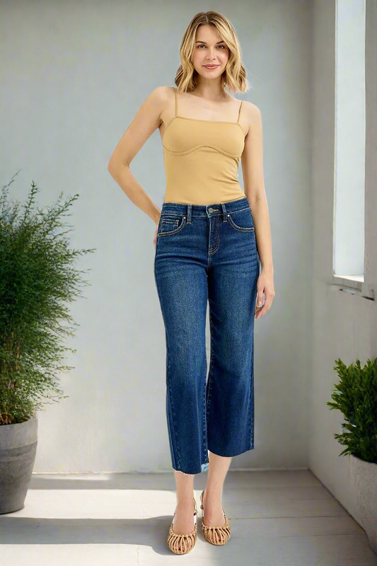 RISEN High-Rise Tummy Control Slim Fit Pants Wide Leg Cropped Raw Hem Denim Jeans Plus Size Available