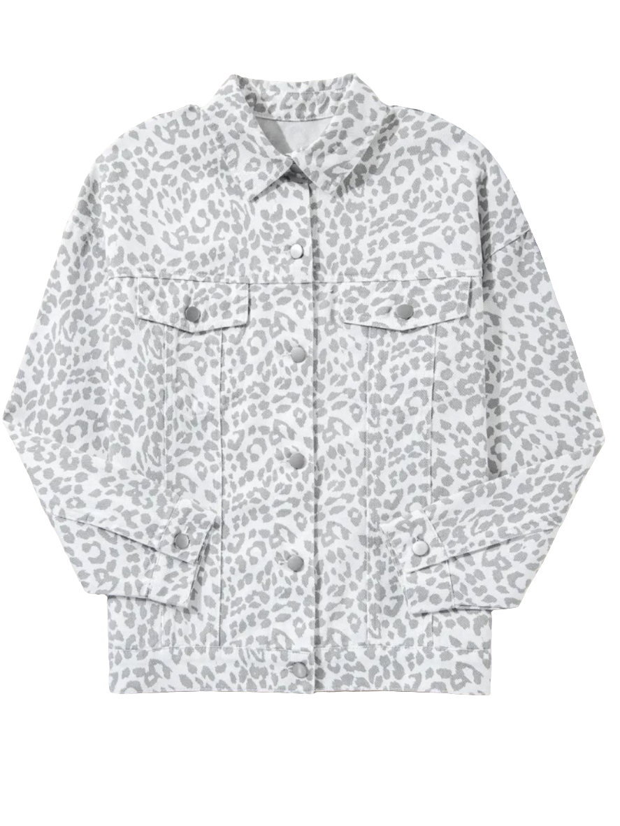 Snow Leopard Print Denim Jean Jacket Button Front Classic Collar Mobwife Animal Glam