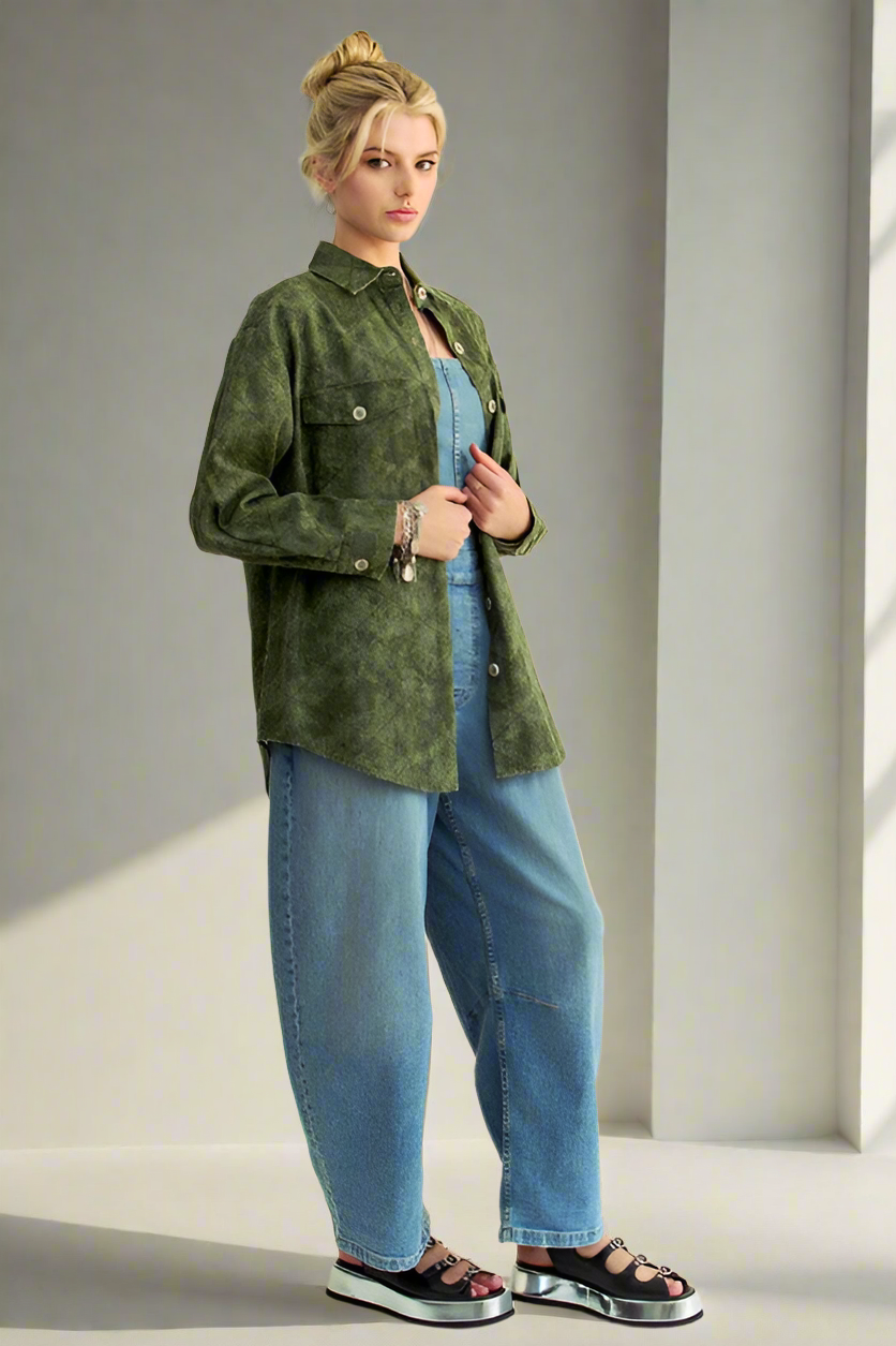 Davi & Dani Denim Shacket Diamond Quilt Stitching High Low Oversized Jean Shirt Jacket