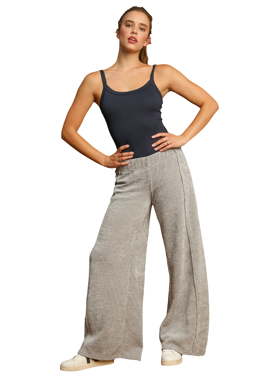 Umgee Ribbed Elastic Waist Pants Wide Leg Boho Oversized Relaxed Boyfriend Fit Gray